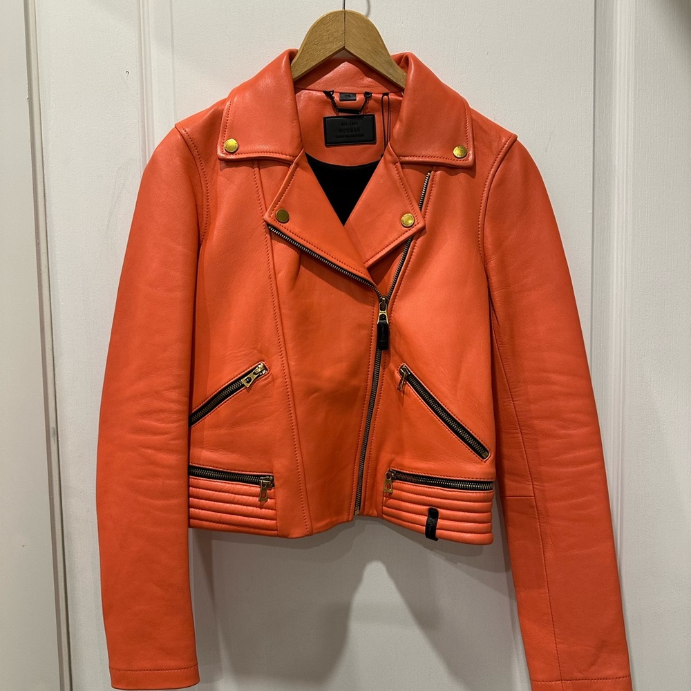 RUDSAK MOREEN -Vibrant Orange Leather Moto Jacket S gold hardware
